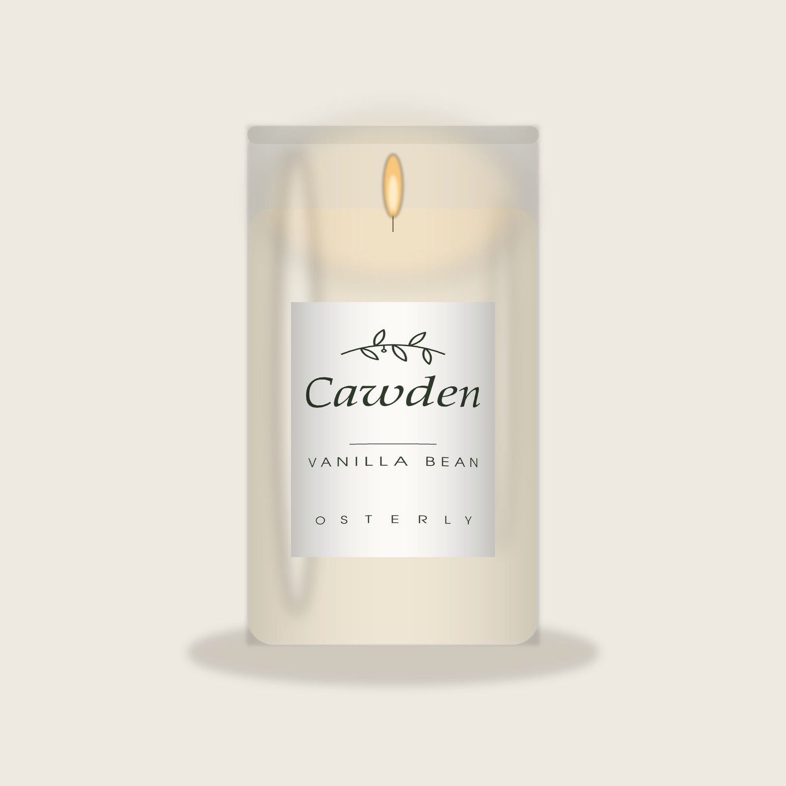 Cawden vanilla bean soy candle in a clear glass jar with the Osterly label, lit, on a warm neutral background