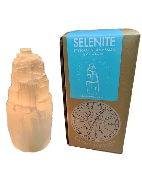 Thornbury selenite crystal lamp, photographed on a warm neutral surface