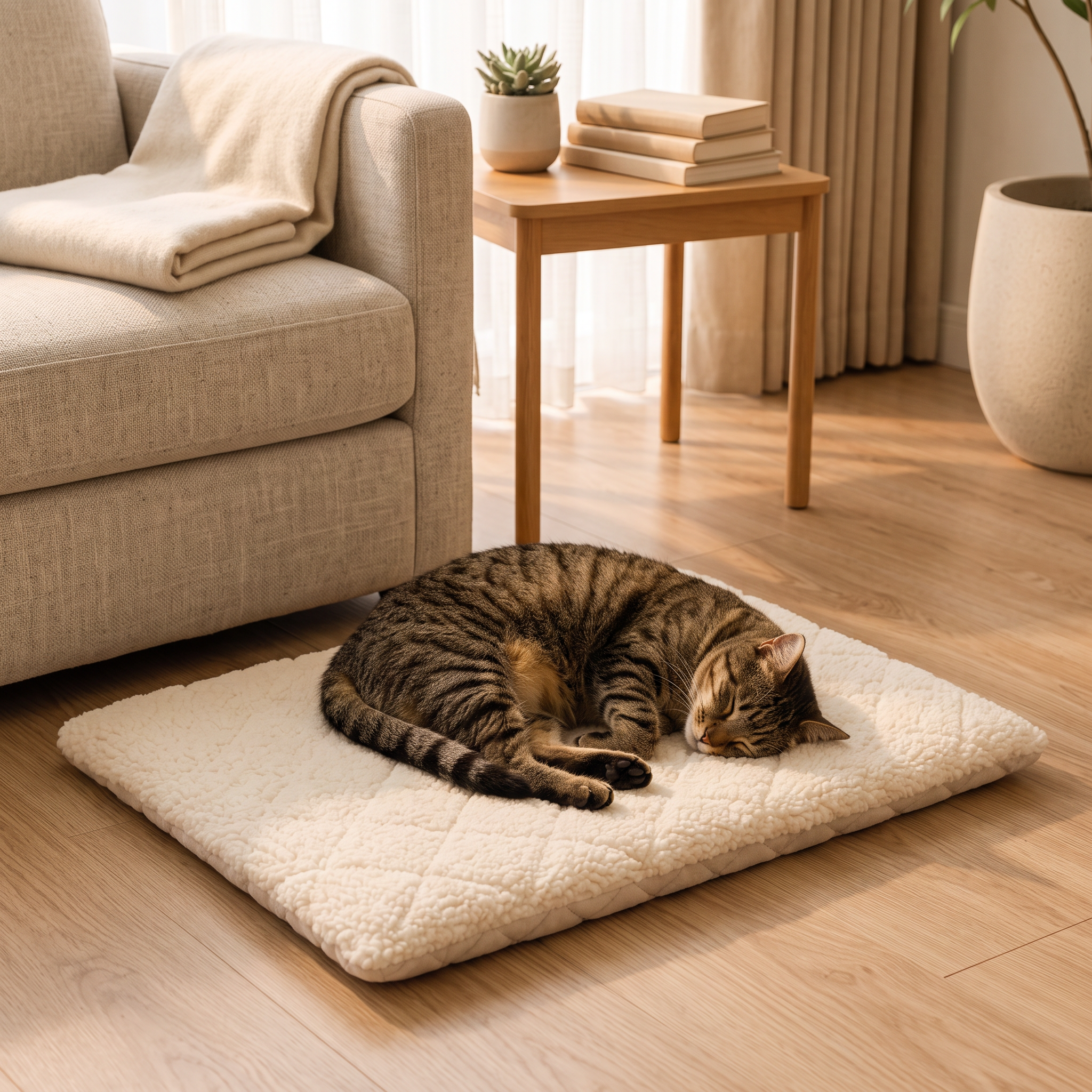 Self-Warming Cat Mat shown in a warm, cosy home setting