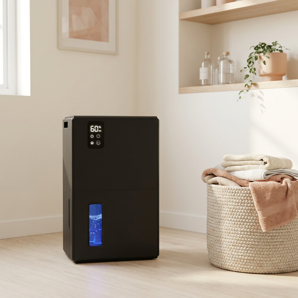 Compact Dehumidifier shown in a warm, cosy home setting