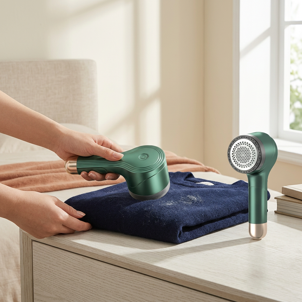 Lint Roller and Fabric Shaver shown in a warm, cosy home setting