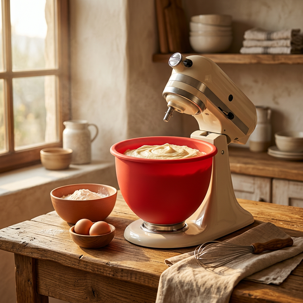 Silicone Mixer Bowl Liner shown in a warm, cosy home setting