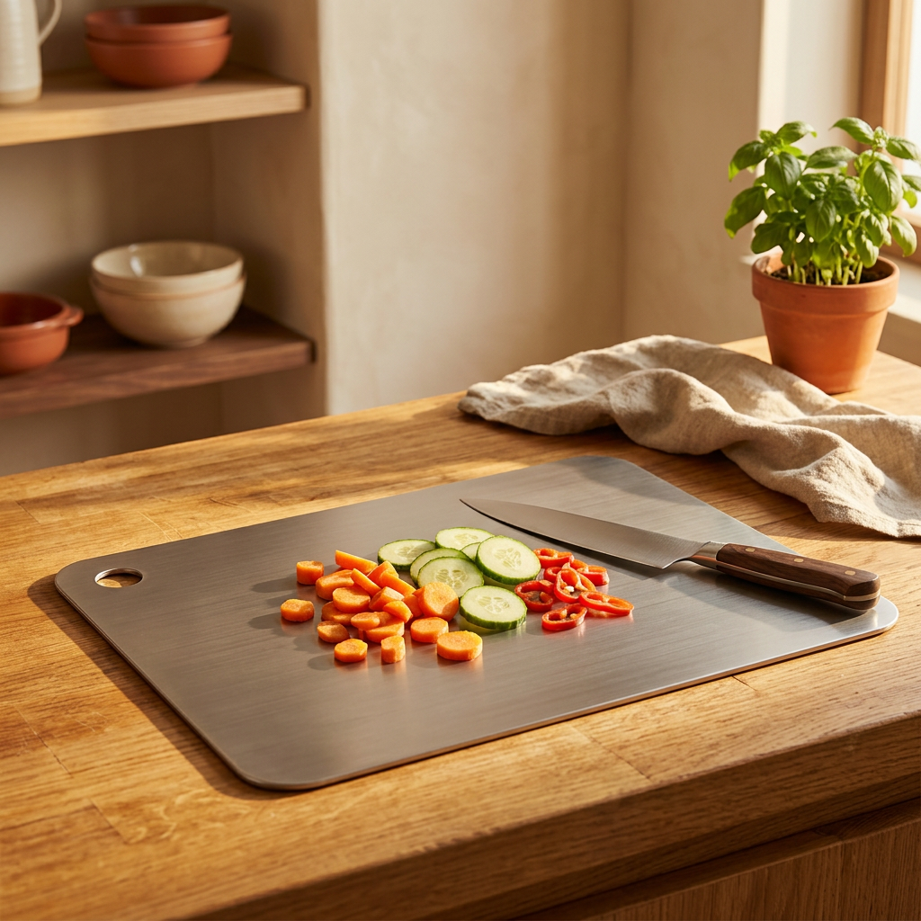 Titanium Cutting Board shown in a warm, cosy home setting