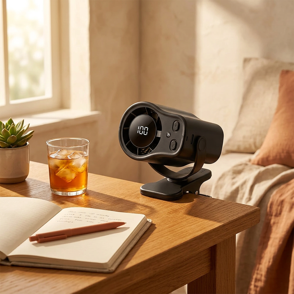 Portable Desk Fan shown in a warm, cosy home setting