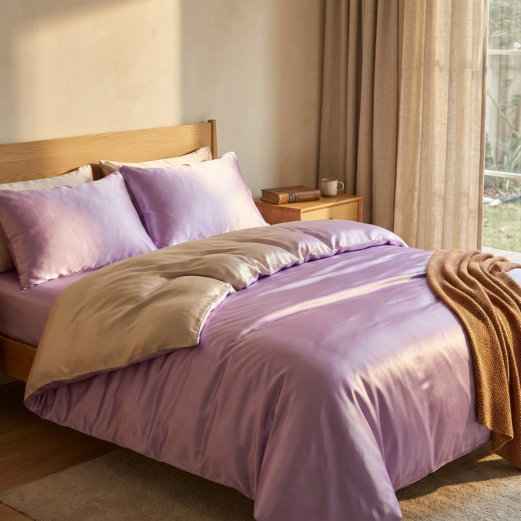 Mulberry Silk Duvet Set shown in a warm, cosy home setting