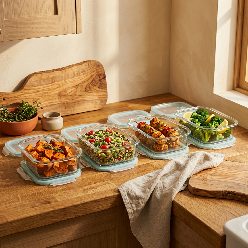 Glass Meal Prep Containers shown in a warm, cosy home setting