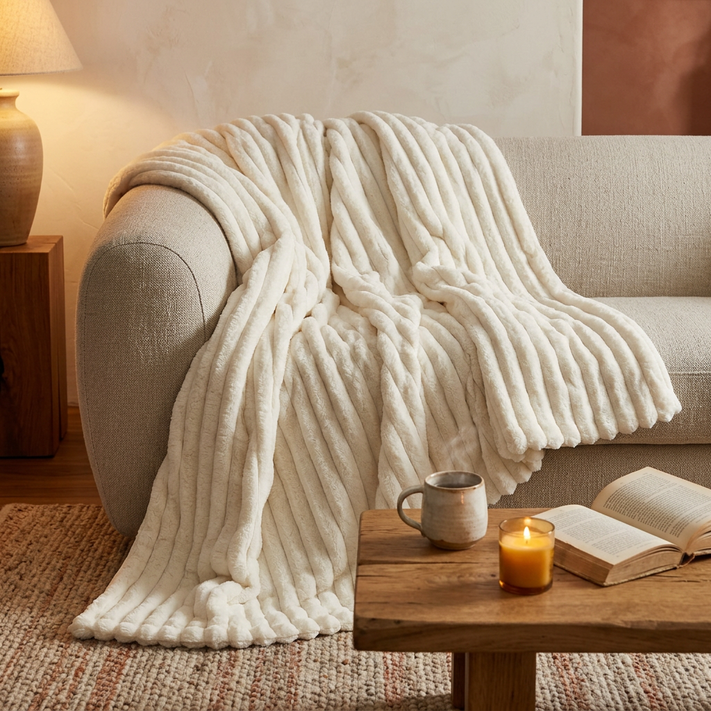 Fleece Throw Blanket shown in a warm, cosy home setting