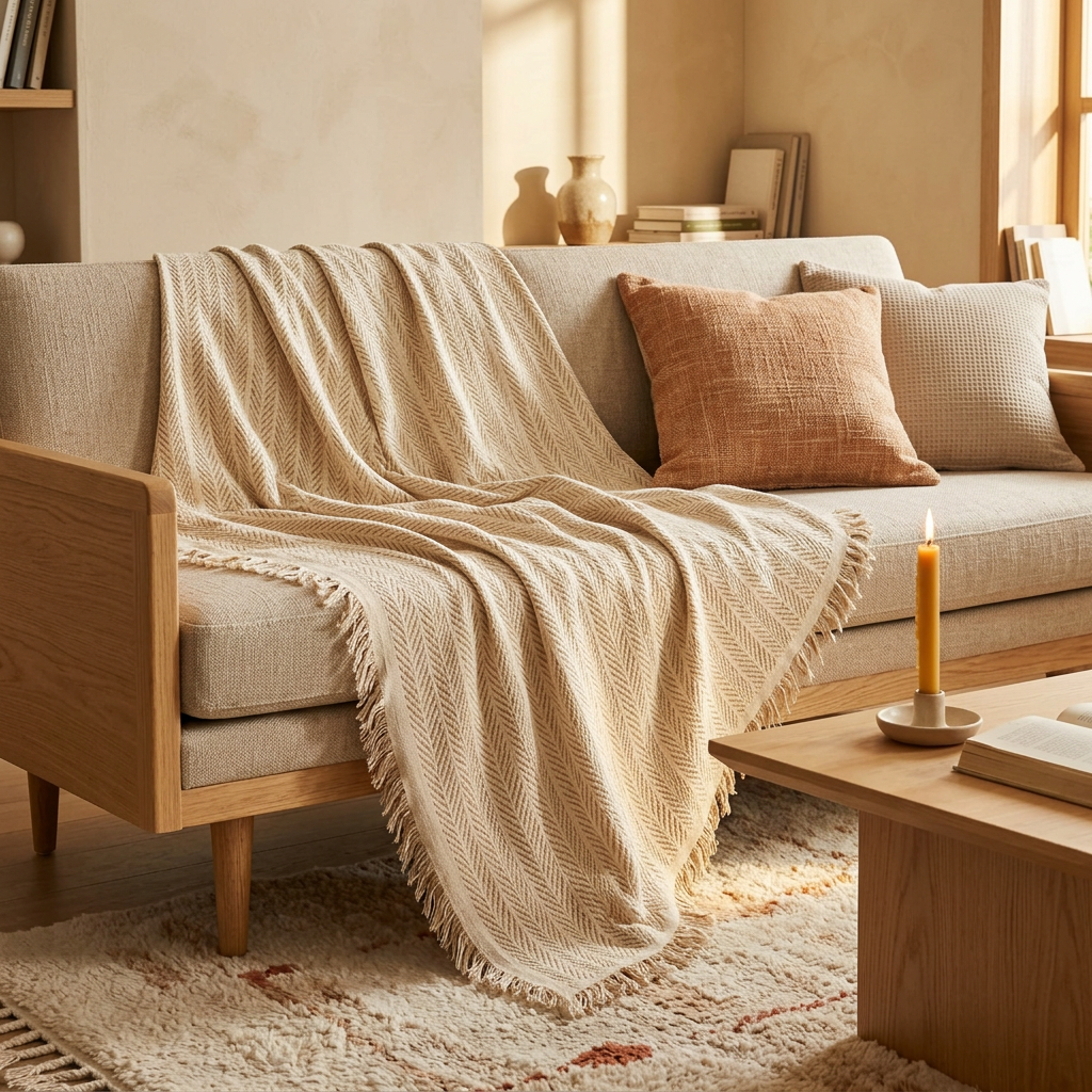 Decorative Sofa Throw shown in a warm, cosy home setting