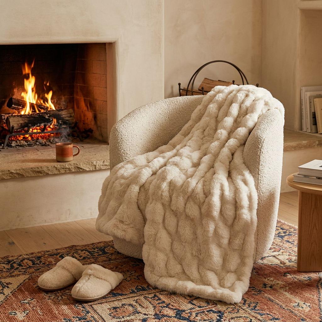 Faux Fur Blanket shown in a warm, cosy home setting