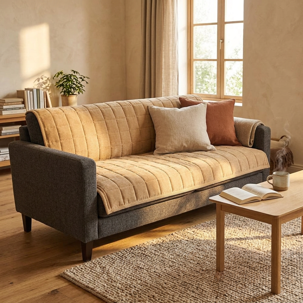 Quilted Couch Cover shown in a warm, cosy home setting