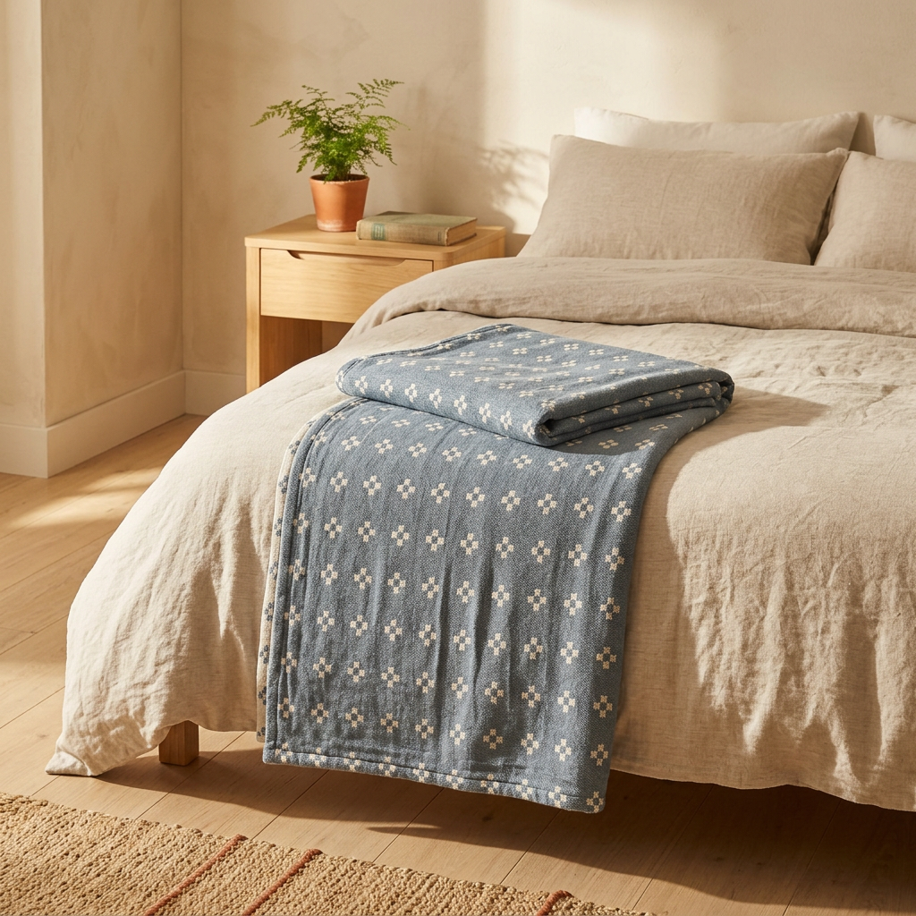 Geometric Cotton Throw shown in a warm, cosy home setting