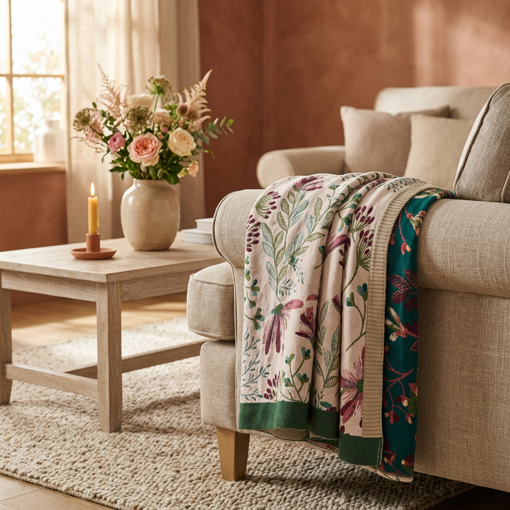 Floral Cotton Throw shown in a warm, cosy home setting