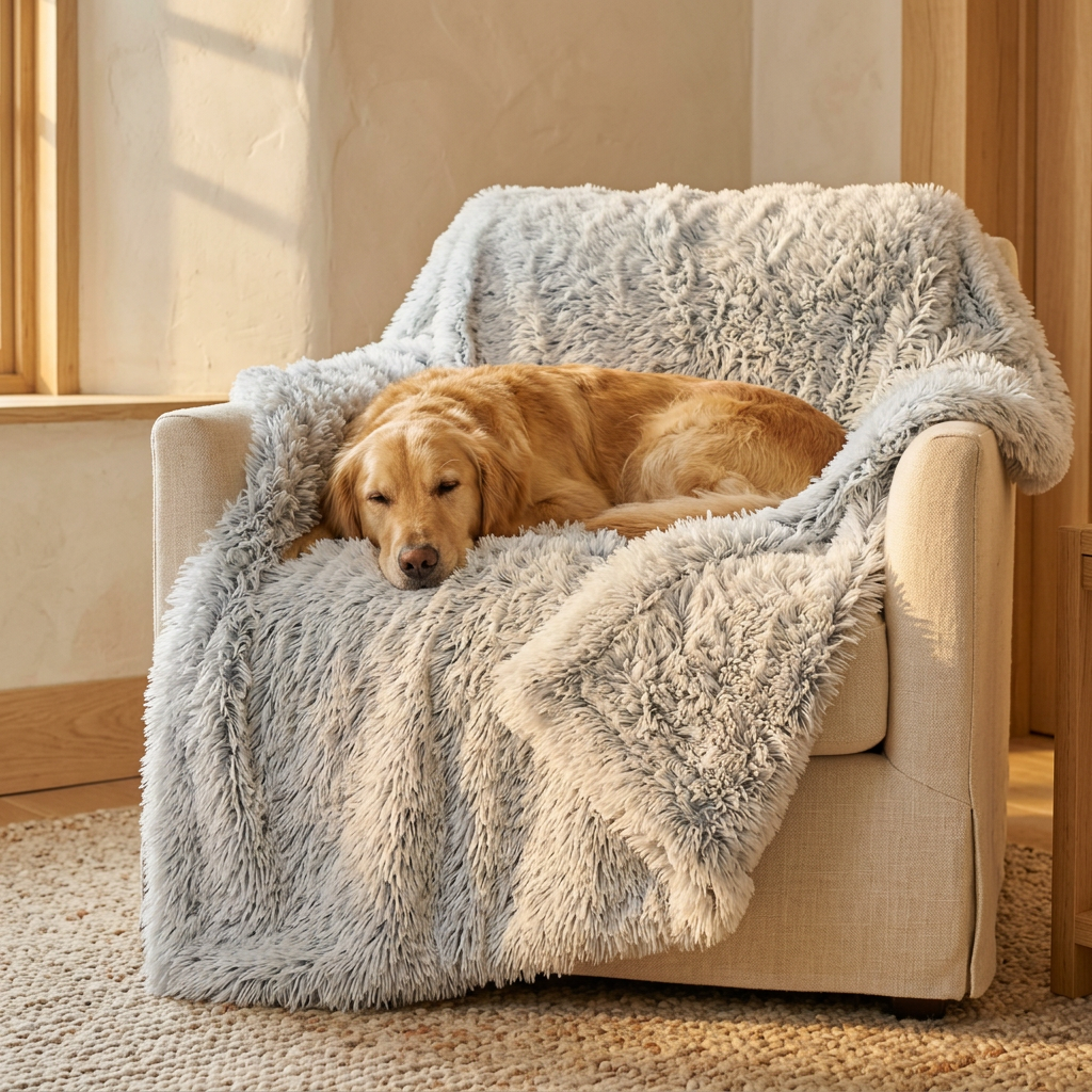 Calming Pet Blanket shown in a warm, cosy home setting