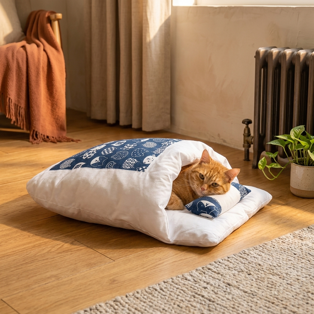 Cat Sleeping Bag Bed shown in a warm, cosy home setting