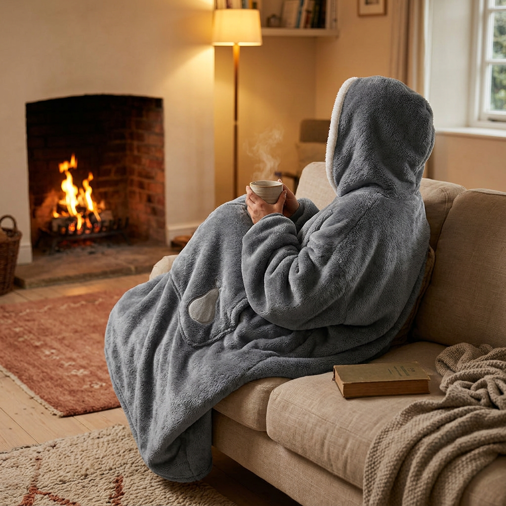 Wearable Blanket shown in a warm, cosy home setting