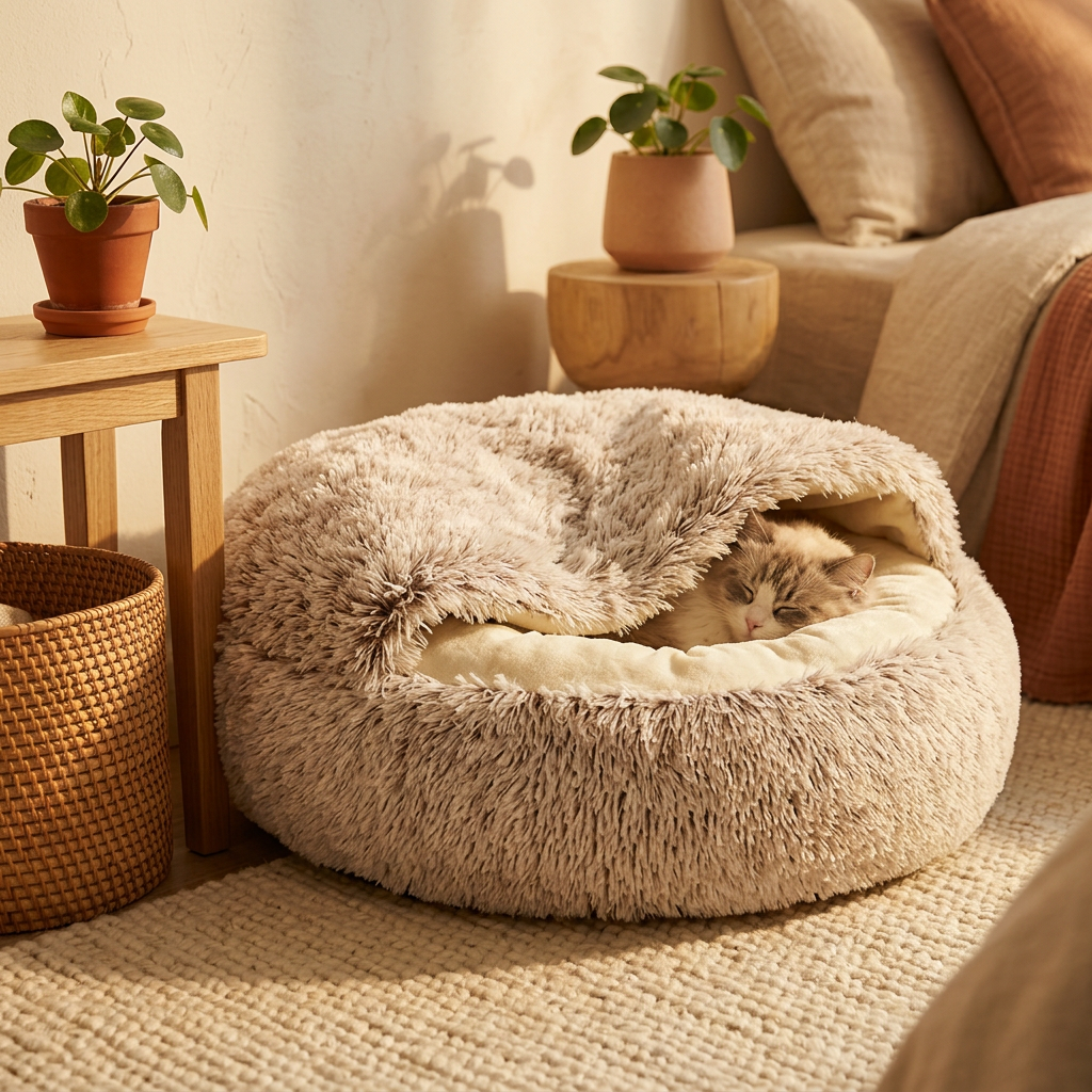 Plush Pet Cave Bed shown in a warm, cosy home setting