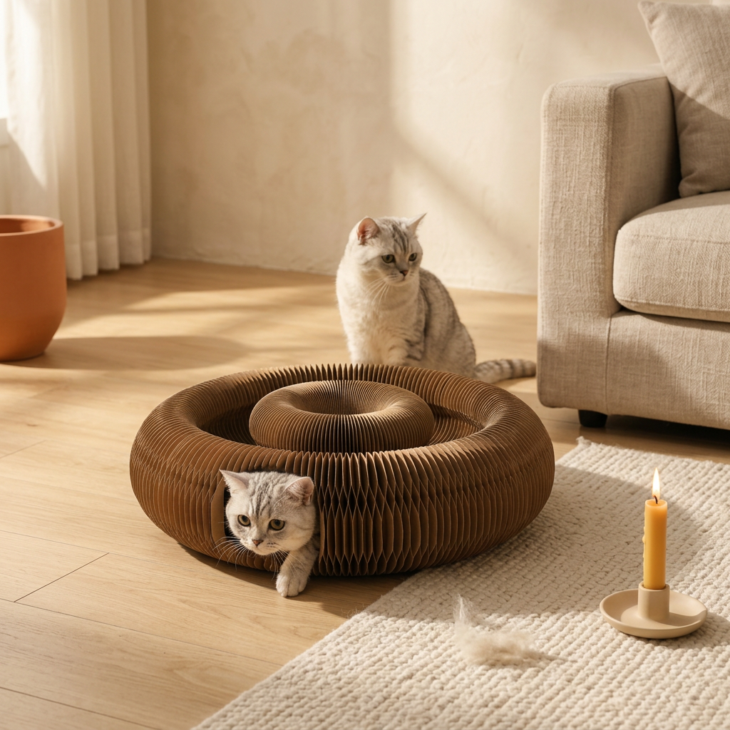 Foldable Cat Maze shown in a warm, cosy home setting