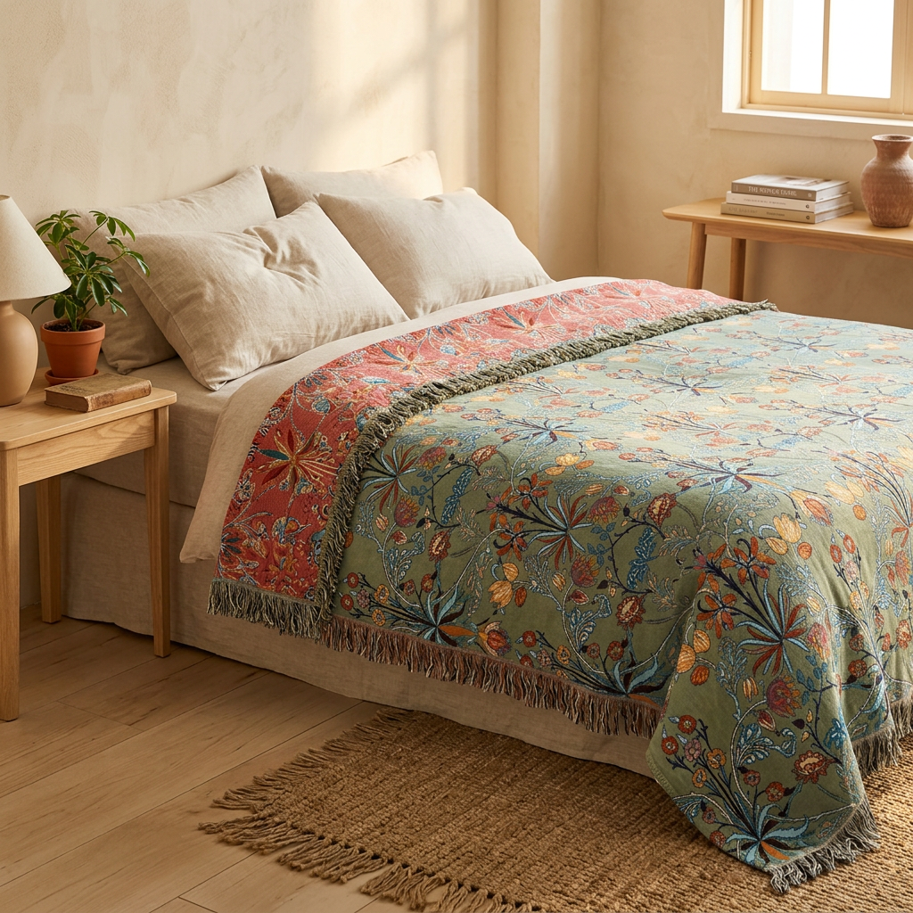 Reversible Cotton Quilt shown in a warm, cosy home setting