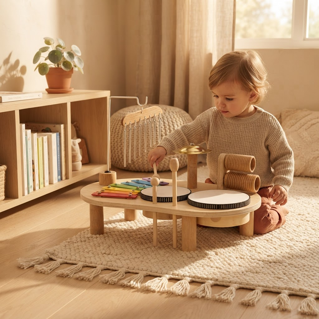 Wooden Music Station shown in a warm, cosy home setting
