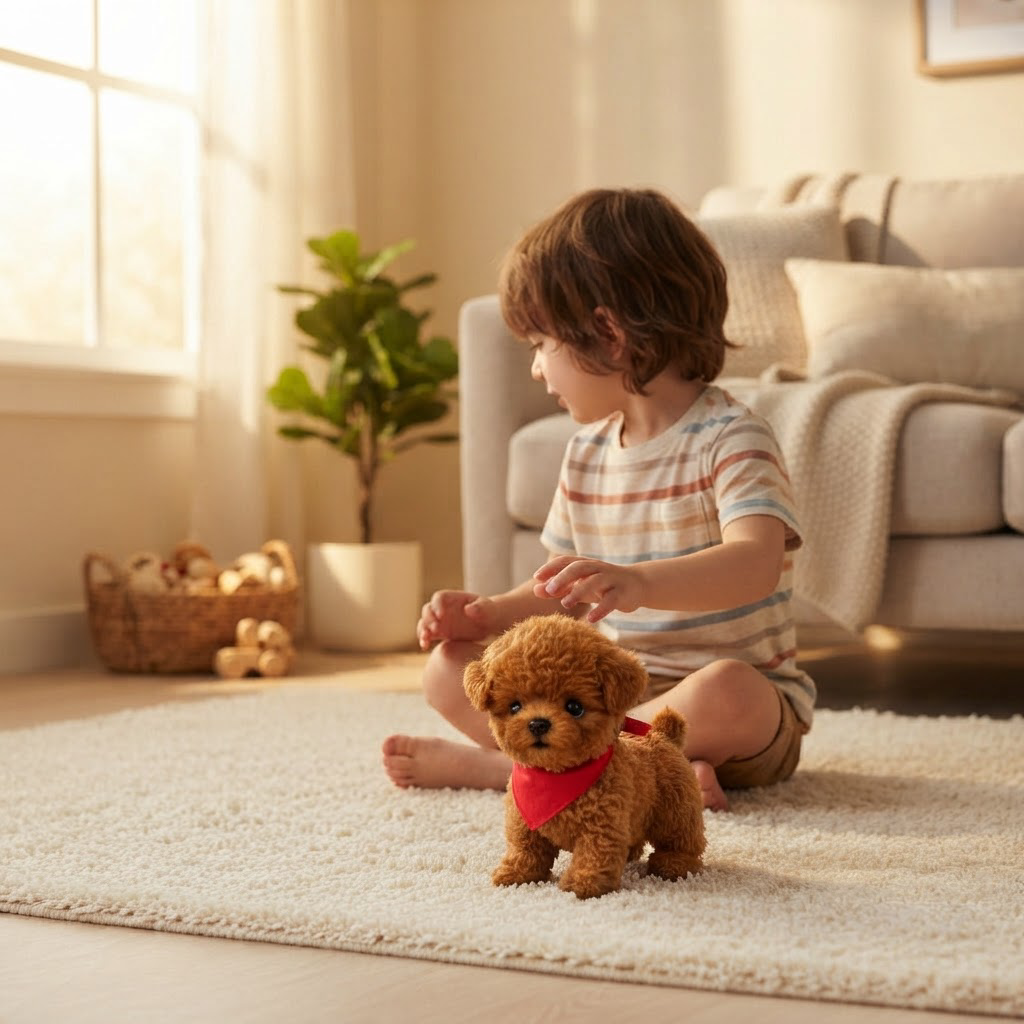 Robotic Puppy shown in a warm, cosy home setting