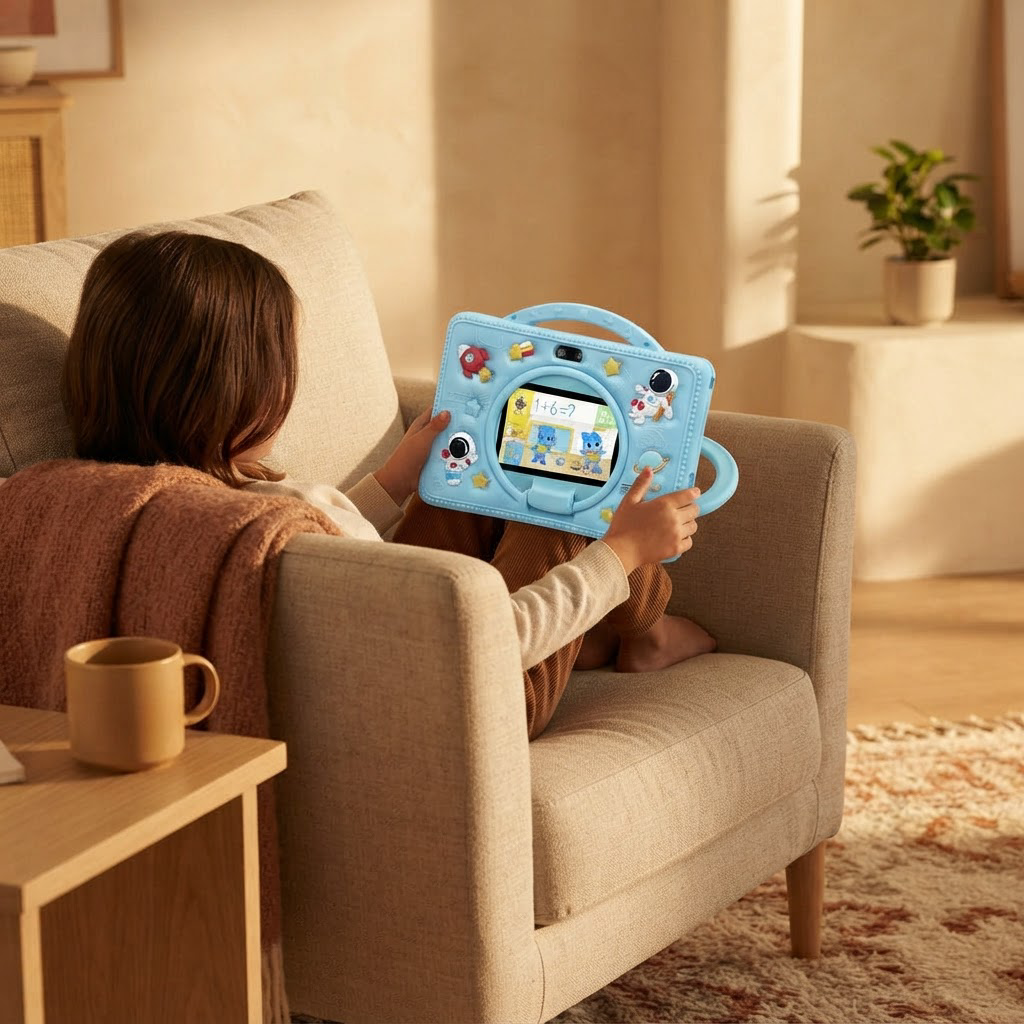 Kids Learning Tablet shown in a warm, cosy home setting