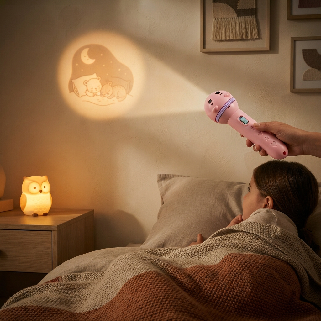 Story Projector Torch shown in a warm, cosy home setting
