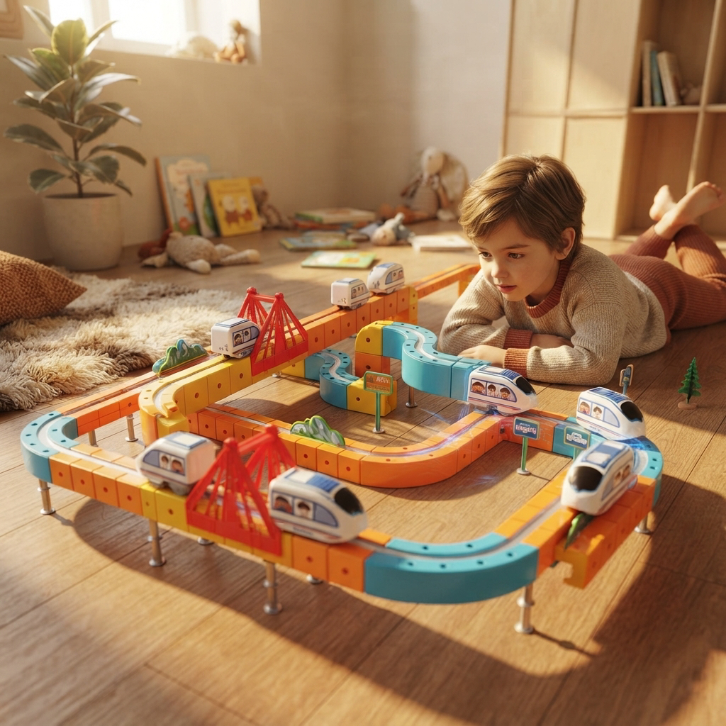 Electric Train Set shown in a warm, cosy home setting