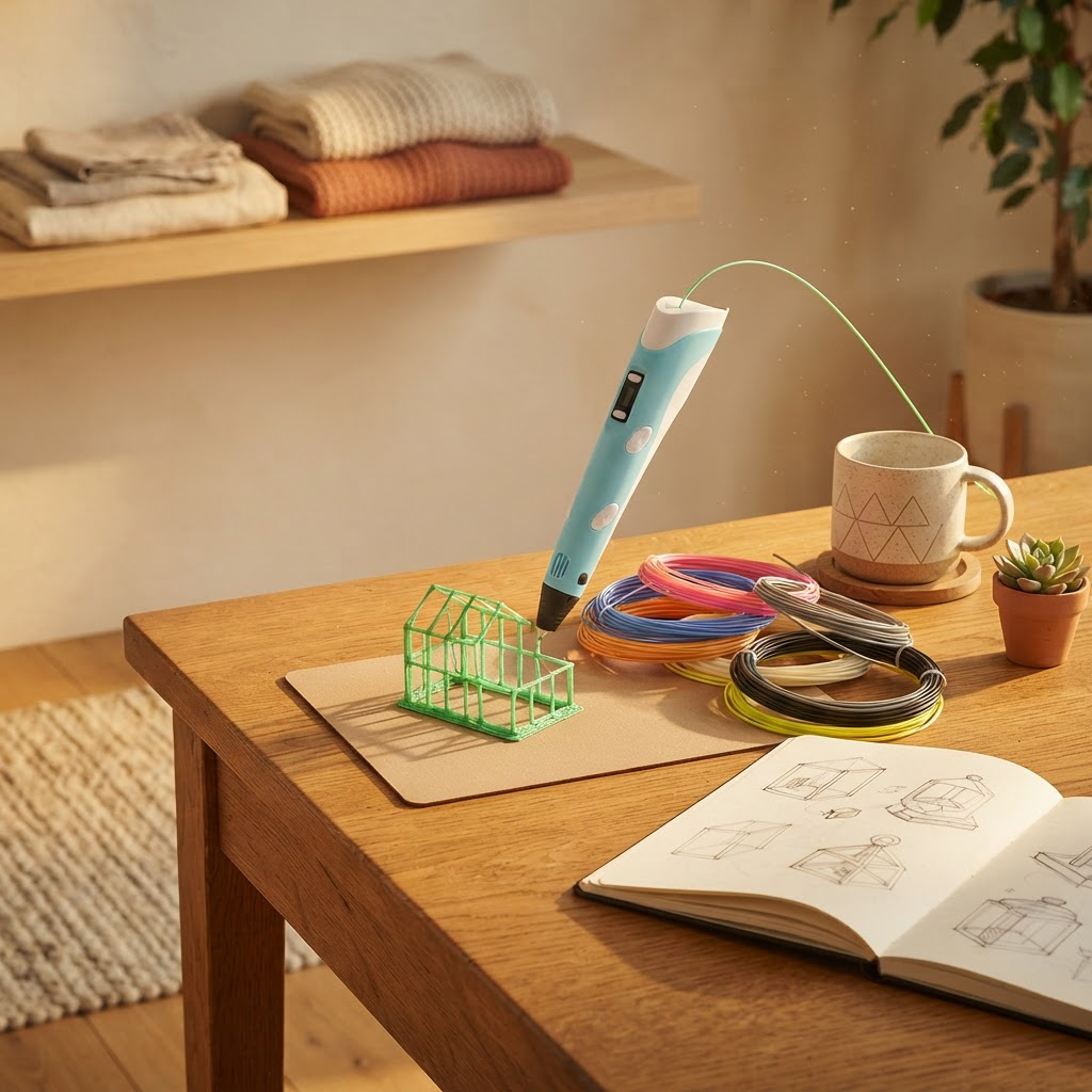 3D Printing Pen shown in a warm, cosy home setting