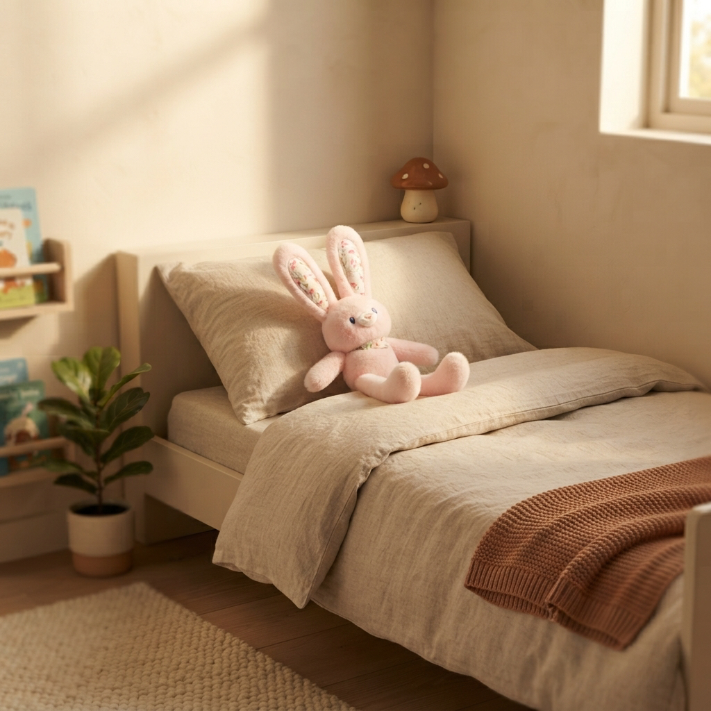 Plush Bunny shown in a warm, cosy home setting
