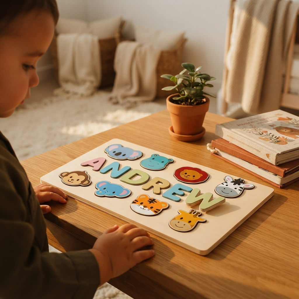Personalized Name Puzzle shown in a warm, cosy home setting