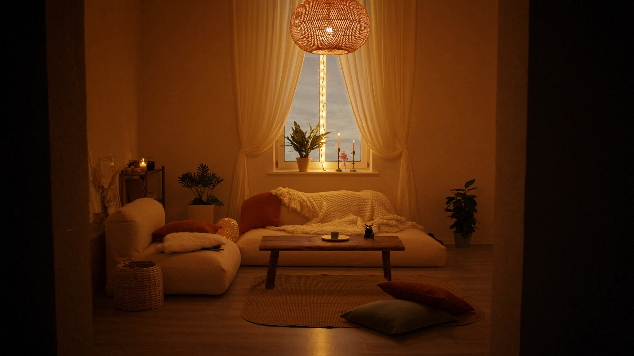 Cozy living room at dusk lit by a warm rattan pendant lamp, fairy lights and candles